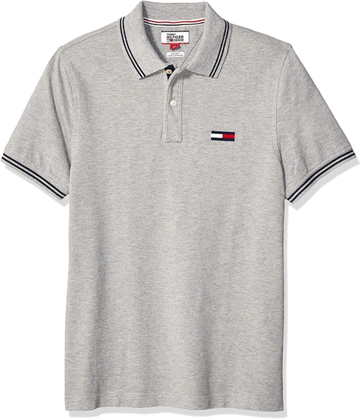 Áo thun nam Tommy Hilfiger Jeans màu xám cổ phối sọc xanh