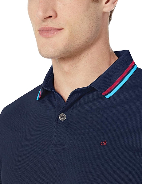 Áo thun nam calvin klien xanh navy tay và cổ phối Logo CK đỏ