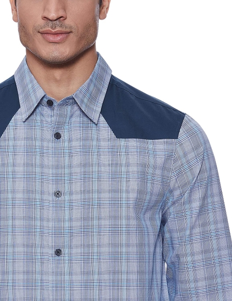 Áo sơ mi nam calvin klein dài tay caro xanh vai phối