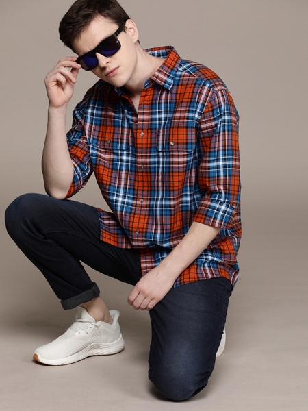 Áo sơ mi nam calvin klein dài tay caro đỏ 2 túi