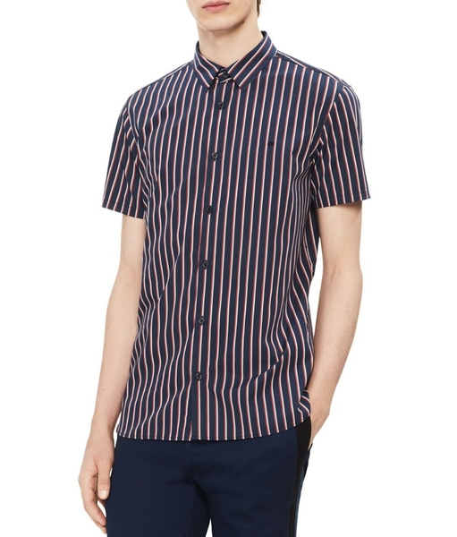 Áo sơ mi nam calvin klein tay ngắn xanh navy sọc đỏ trắng dọc with logo