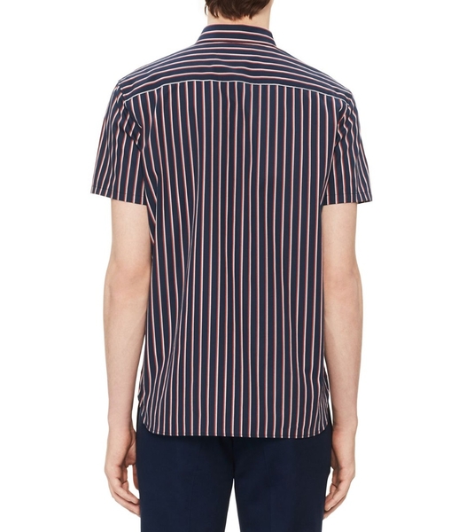 Áo sơ mi nam calvin klein tay ngắn xanh navy sọc đỏ trắng dọc with logo