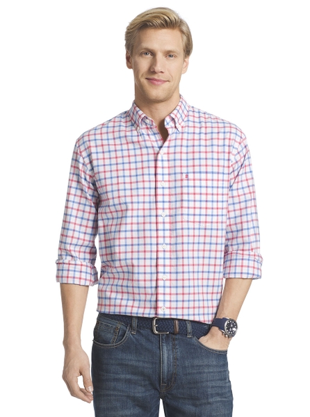 Izod Áo Nam dài tay Saltwater Plaid Oxford Shirt Caro đỏ - cam S,M,L