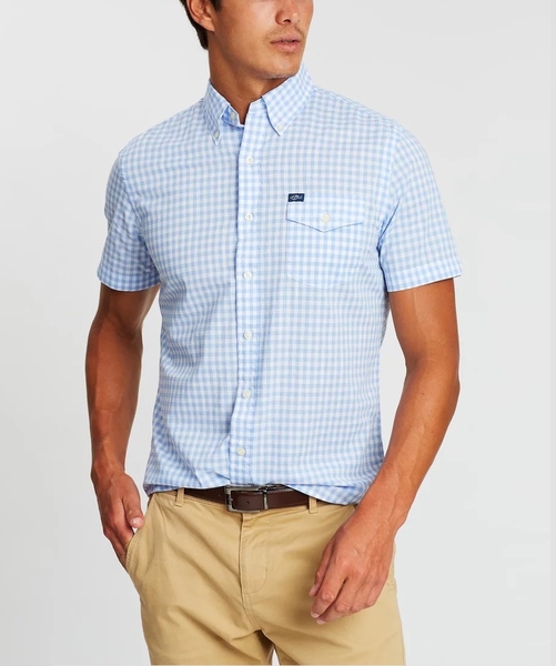Áo sơ mi nam Polo Ralph lauren ngắn tay caro trắng xanh lơ có túi