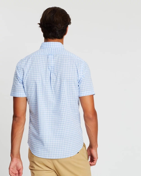 Áo sơ mi nam Polo Ralph lauren ngắn tay caro trắng xanh lơ có túi