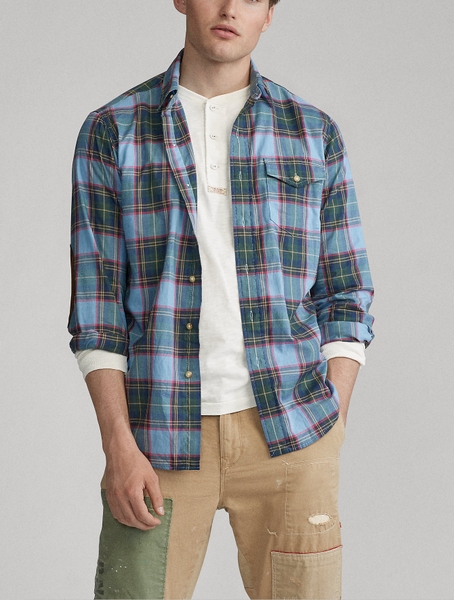Áo sơ mi nam Polo Ralph lauren tay dài caro nâu đỏ tay phối