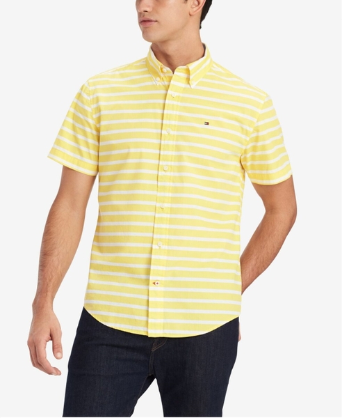 Áo sơ mi nam Tommy Hilfiger ngắn tay vàng sọc ngang trắng