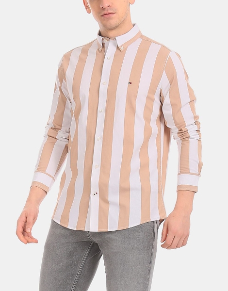 Áo sơ mi nam Tommy Hilfiger tay dài caro trắng sọc vàng