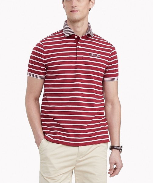 Áo thun nam Tommy Hilfiger Jeans màu xám cổ phối sọc xanh