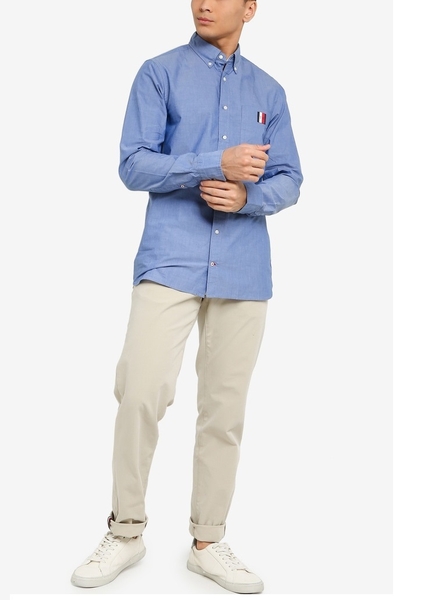 Áo sơ mi nam Tommy Hilfiger tay dài xanh Slimfit phối logo mới