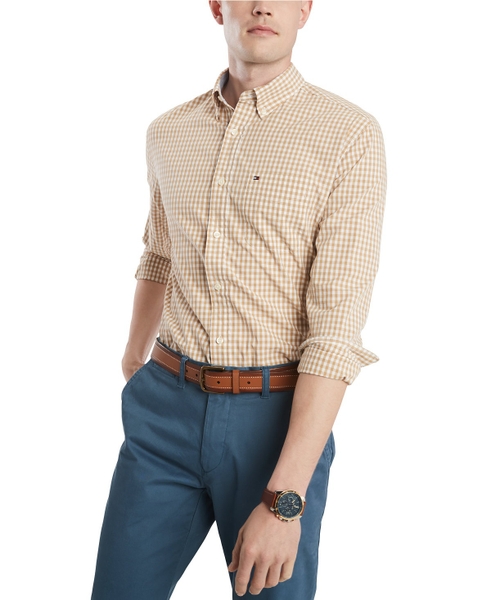 Áo sơ mi nam Tommy Hilfiger tay dài caro nâu vàng trắng
