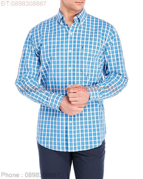 Izod Áo Nam dài tay Saltwater Plaid Oxford Shirt Caro xanh  đậm- S-M