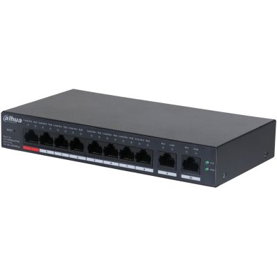 Switch Dahua DH-CS4010-8ET-110 bao gồm 8 cổng PoE (10/100 Mbps) và 2 cổng Uplink Gigabit (10/100/1000 Mbps)