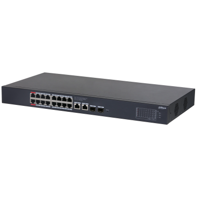 Switch DH-CS4220-16GT-135 Bao gồm 16 cổng RJ-45 Gigabit PoE (10/100/1000 Mbps), 2 cổng RJ-45 Gigabit uplink và 2 cổng SFP Gigabit.