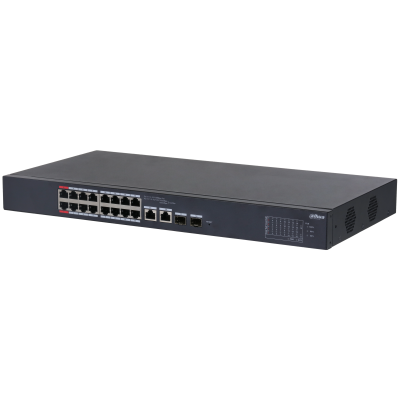 Switch Dahua DH-CS4218-16ET-135 bao gồm 16 cổng PoE tốc độ 10/100 Mbps và 2 cổng uplink combo (RJ45/SFP) tốc độ Gigabit