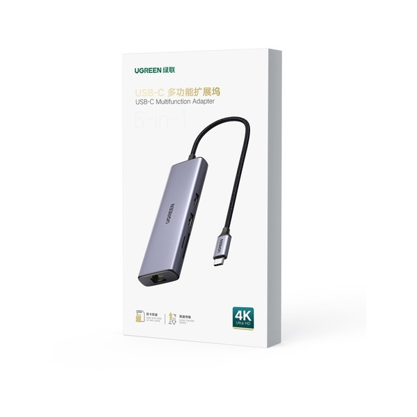 Bộ chuyển đổi Ugreen 20954 4k 60hz 6 trong 1 gigabits Type C sang 2×USB 3.0 + HDMI + RJ45 10/100/1000Mbps + SD/TF