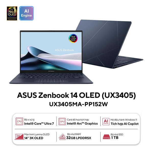 Laptop Asus Zenbook 14 OLED UX3405MA-PP152W (Intel Core Ultra 7 | 32GB | 1TB | Intel Arc | 14 inch 3K OLED 120 Hz | Win 11 | Xanh)