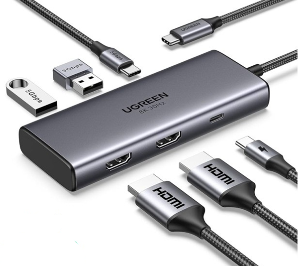 Hub USB Type-C 6 trong 1 ra 2*HDMI 8K@30Hz, USB Type-C, USB-A 3.0, Sạc PD 100W Ugreen 15852