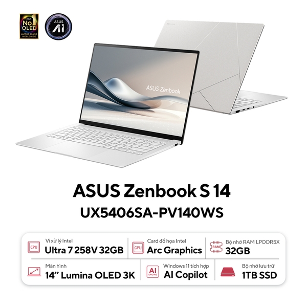 Laptop Asus Zenbook S14 OLED UX5406SA-PV140WS (Ultra 7 258V/ 32GB/ 1TB SSD/ 14 inch 3K/ 120Hz/ Win 11/ Office/ White/ Vỏ nhôm/ Túi)