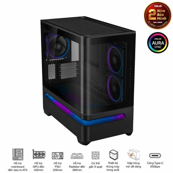 Vỏ máy tính Asus Prime AP202 TG ARGB BLACK (Mid Tower/ M-ATX/ Đen)