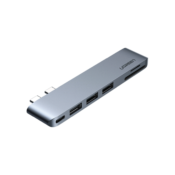 Bộ chuyển đổi sang 3x Hub USB 3.0 + SD/TF + nguồn PD màu xám bằng nhôm Ugreen 60560 macbook pro air 2 cổng USB Type C