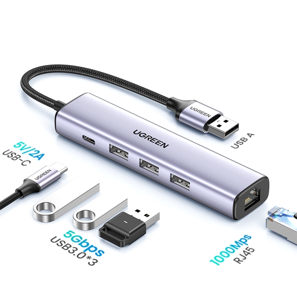 Hub chuyển đổi 5 in 1 USB Type-A ra Lan 1000Mbps Kèm HUB 3 Cổng USB 3.0 Ugreen 60554 cao cấp