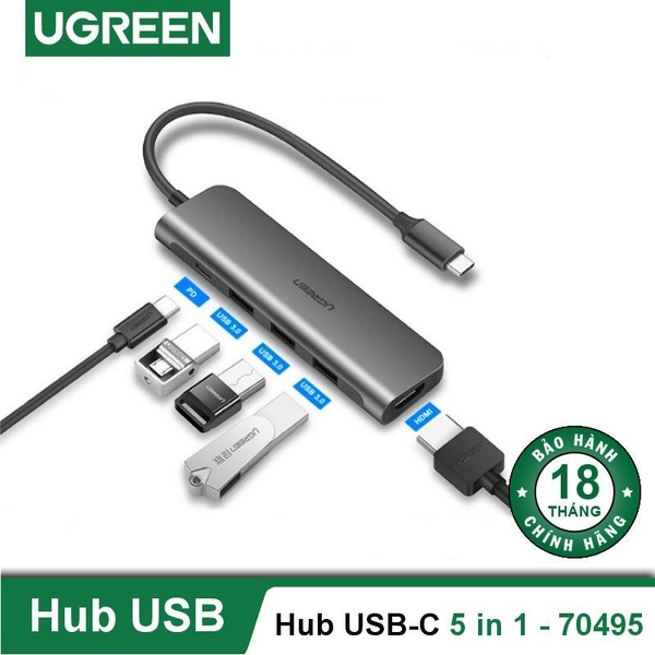 Ugreen 70495 5 trong 1 màu xám bộ chuyển USB type C ra 3*USB 3.1 sạc 100w PD 4K HDMI CM136 20070495