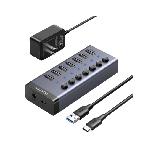 Bộ HUB chia 7 cổng USB 3.0 tốc độ 5Gbps vỏ nhôm, công tắc Ugreen 90307 (kèm nguồn 12V2A-EU) cao cấp