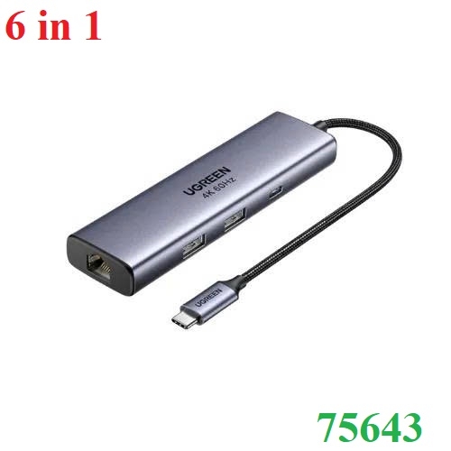 Hub 6 in 1 USB-C sang DP, USB 3.0 x3, Lan Gigabit, sạc PD 100W hỗ trợ 4K/60Hz Ugreen 75643 cao cấp