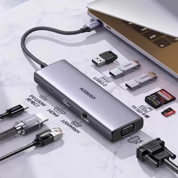 Hub USB Type C 9 in 1 to HDMI 4K, VGA, USB 3.0, Lan RJ45, SD/TF, PD 100W Ugreen 15600