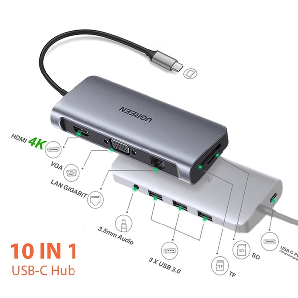 Cổng chuyển USB Type C 10 in 1 tích hợp HDMI, VGA, 3.5mm, Lan, USB, Đọc Thẻ, Sạc USB C PD Ugreen 80133