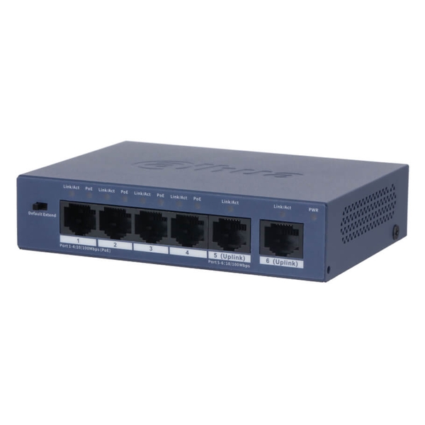 Switch Dahua DH-S3006-4ET-36 Bao gồm 4 cổng PoE tốc độ 10/100 Mbps và 2 cổng Uplink tốc độ 100 Mbps