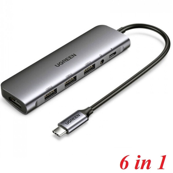 Bộ chuyển đổi USB type C sang 6 trong 1 màu xám Ugreen 80132 100W PD + AUX 3.5mm support Mic + HDMI 4K 30hz + 3 * USB 3.0 A