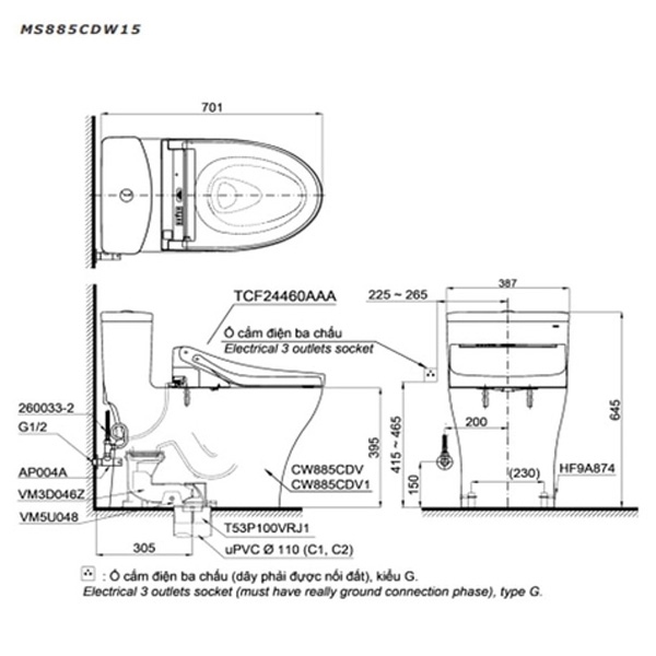 Bàn cầu điện tử Toto MS885CDW15