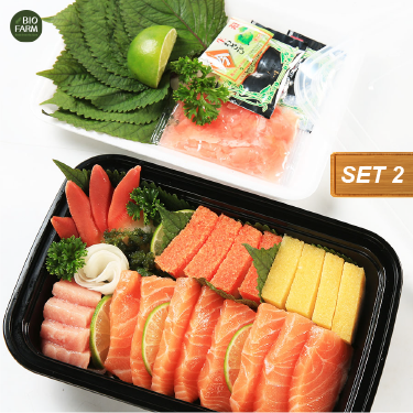 Sashimi 2 – Set Cá hồi, Cá trích ép trứng, Sò đỏ, sò điệp