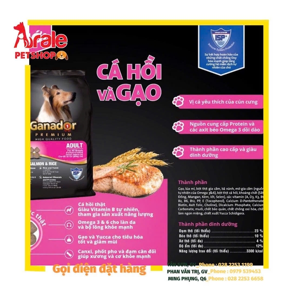 THỨC ĂN HẠT GANADOR CÁ HỒI & GẠO - CHÓ TRƯỞNG THÀNH BAO XÁ 10KG