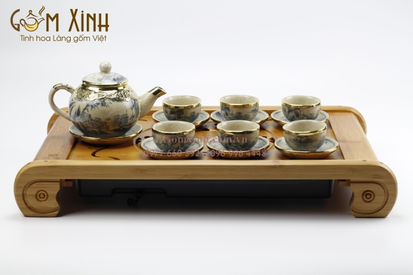 bộ ấm chén bát tràng giả cổ bọc đồng