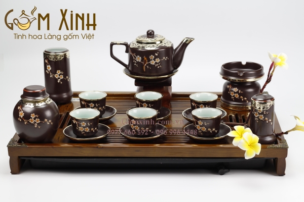 bộ trà sứ bát tràng bọc đồng giá tốt