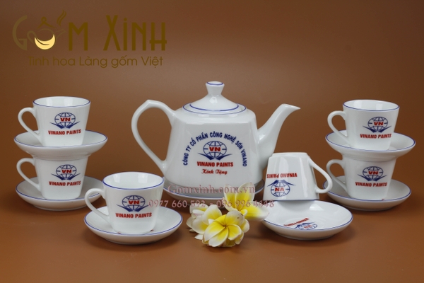 Bộ ấm chén trắng chỉ xanh giá rẻ