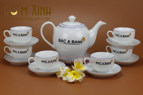 bộ ấm chén chỉ xanh in logo