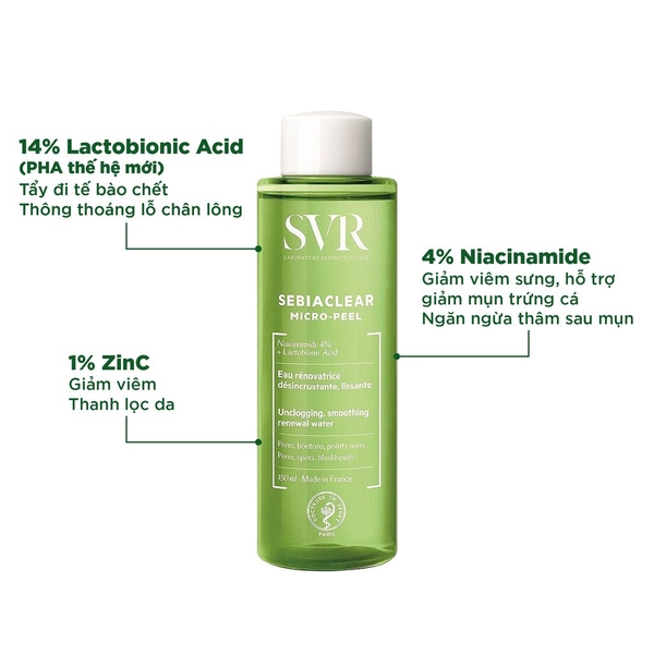 Toner SVR Sebiaclear Micro-peel giảm mụn kiềm dầu se khít lỗ chân lông