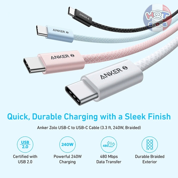Cáp sạc nhanh C to C 240W ANKER ZOLO A8060 1.5m dây dù chống đứt gãy