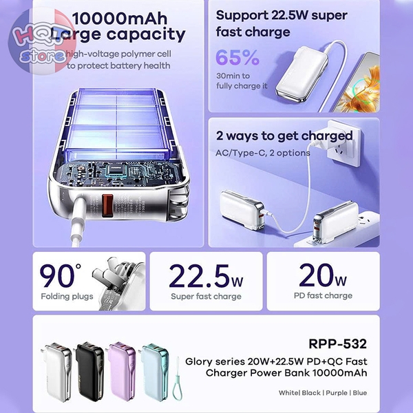 Củ sạc kiêm sạc dự phòng Remax Glory RPP-532 10000 mah PD 20W QC 22.5W