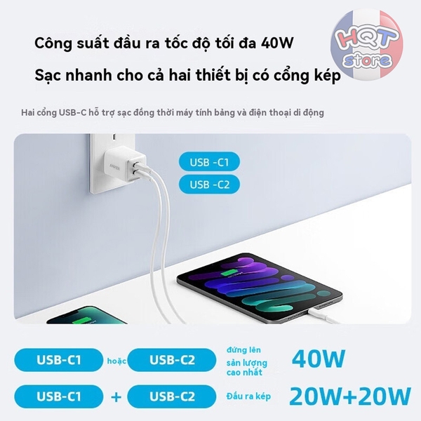Củ sạc nhanh Anker A2038 521 Nano Pro 40W 2 cổng C GaN PD / PPS