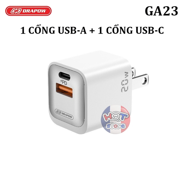 Củ sạc nhanh PD 20W Drapow GA23 GaN Charger Nano Cube 2 cổng C USB-A