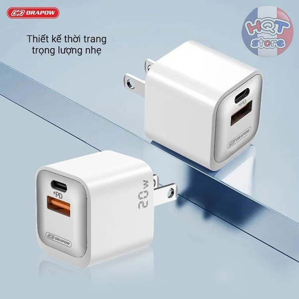 Củ sạc nhanh PD 20W Drapow GA23 GaN Charger Nano Cube 2 cổng C USB-A
