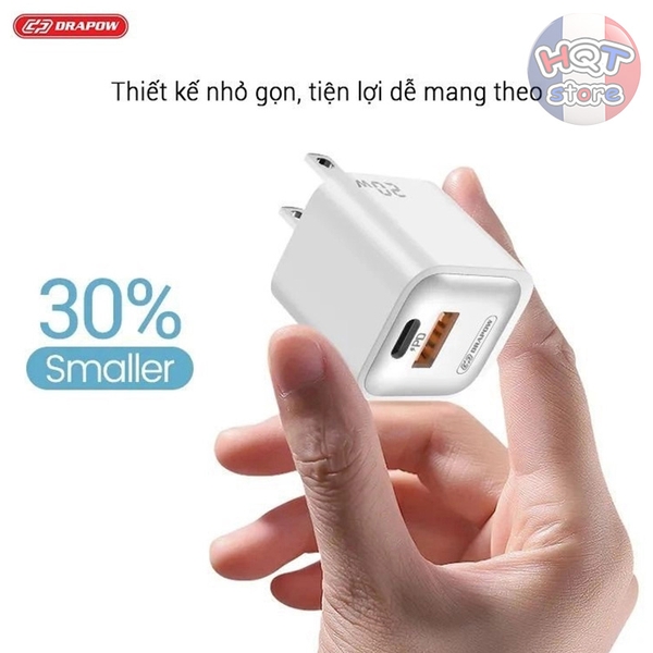 Củ sạc nhanh PD 20W Drapow GA23 GaN Charger Nano Cube 2 cổng C USB-A