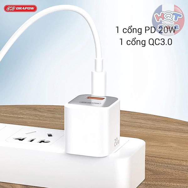 Củ sạc nhanh PD 20W Drapow GA23 GaN Charger Nano Cube 2 cổng C USB-A