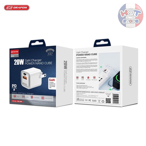 Củ sạc nhanh PD 20W Drapow GA23 GaN Charger Nano Cube 2 cổng C USB-A