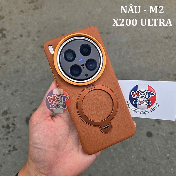 Ốp lưng Nâu M2 viền dẻo lưng da camera kim loại giá đỡ Vivo X200 Ultra